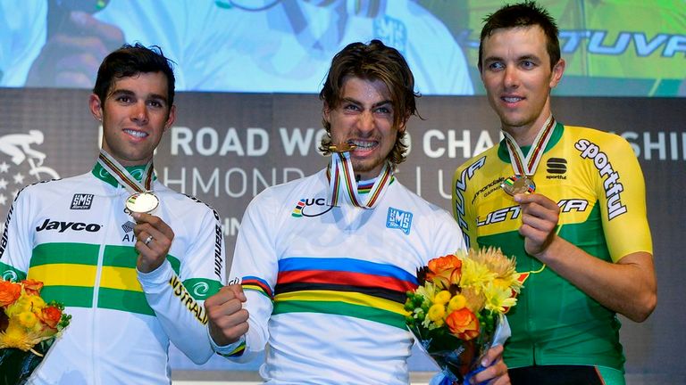 Sagan was joined on the podium by Michael Matthews (left) and Raumnas Navardauskas (right)