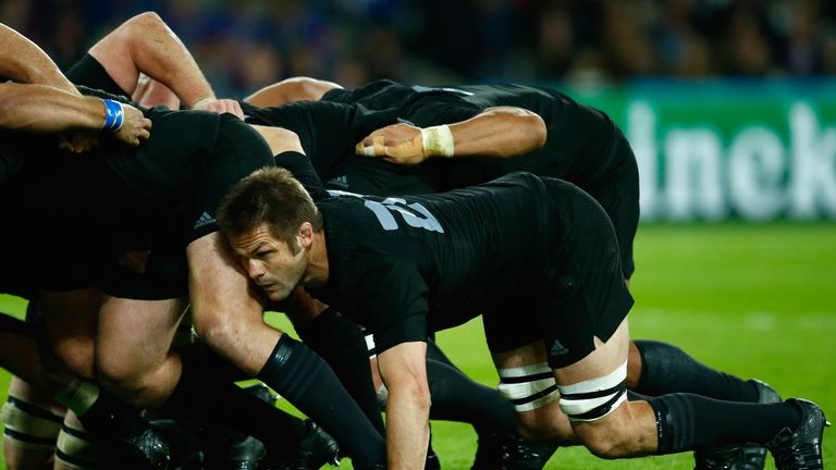 Richie McCaw of the New Zealand All Blacks drives on in the scrum during the match against Namibia