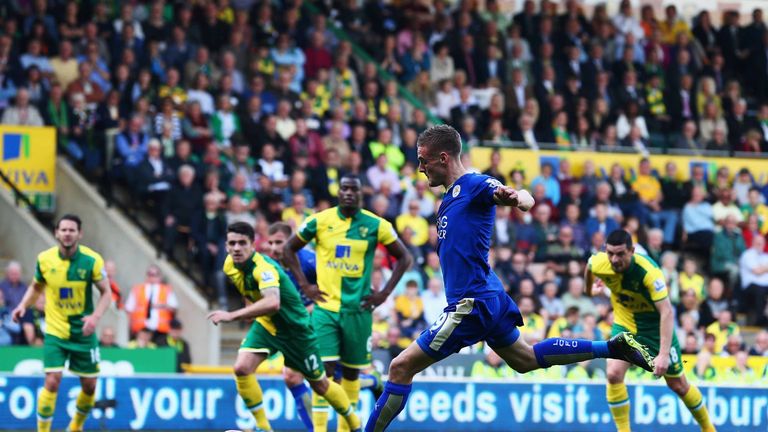 Jamie Vardy opens the scoring for Leicester against Norwich.
