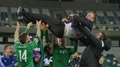 Image of Northern Ireland manager Michael O'Neill enjoys the post-match celebrations in Belfast