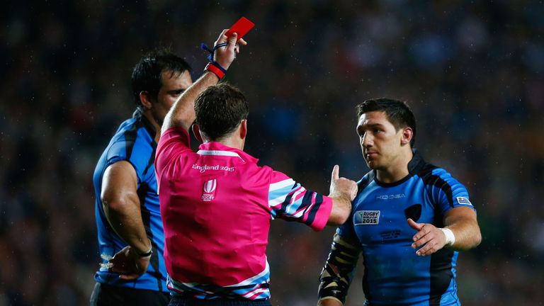 Agustin Ormaechea of Uruguay is shown a red card by referee JP Doyle against Fiji