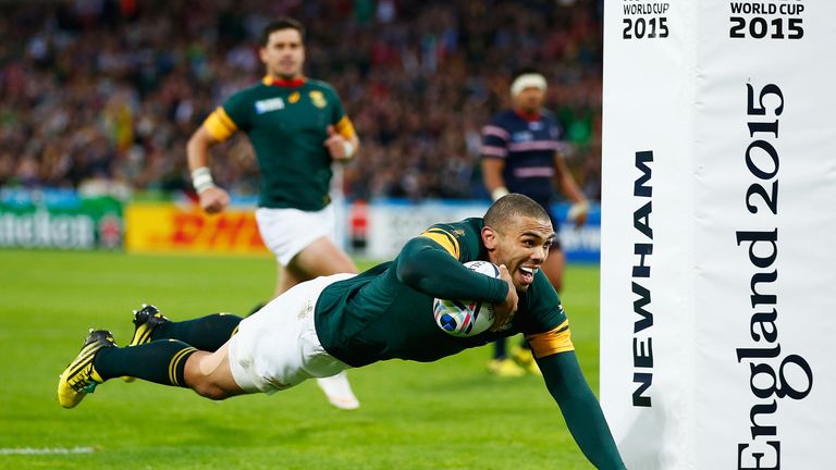 Bryan Habana crosses for his second try at the Olympic Stadium