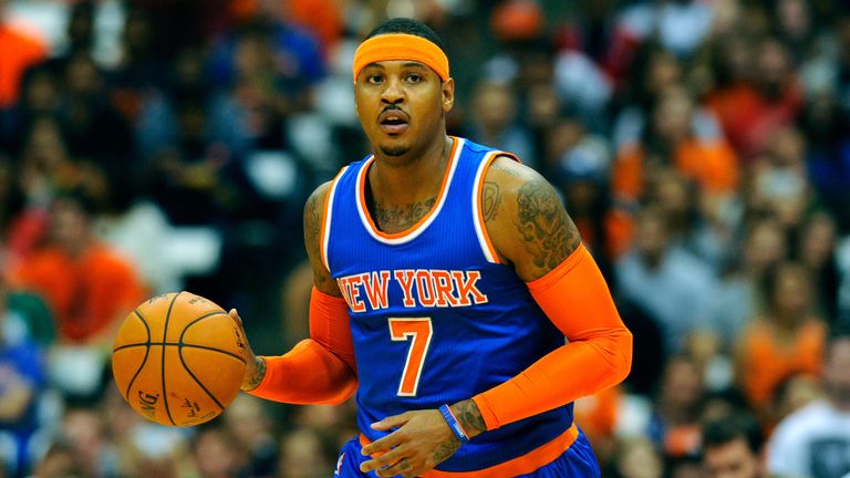 Carmelo Anthony of the New York Knicks dribbles the ball up the court 
