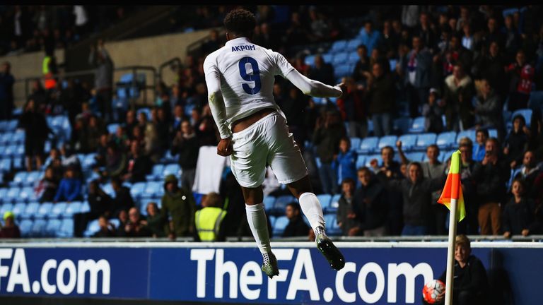 Akpom celebrates scoring for England U21s against Kazakhstan U21s