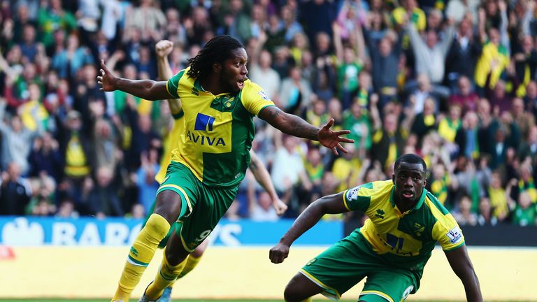 Dieumerci Mbokani pulls one back for Norwich in the 68th minute - but the Canaries fail to pull the game level.