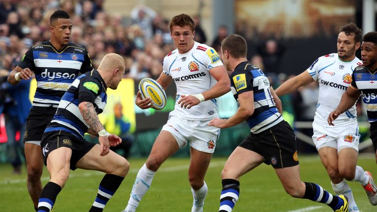 Henry Slade returned for Exeter after his try scoring World Cup debut for England against Uruguay 7 days ago.
