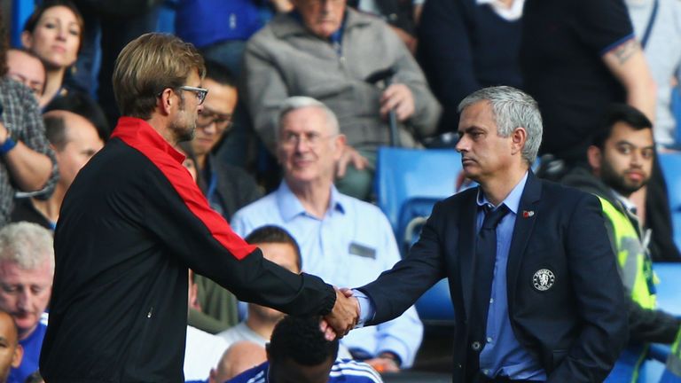 Jurgen Klopp, manager of Liverpool, and Mourinho shake hands