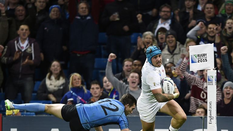 England wing Jack Nowell scores the first of his three tries