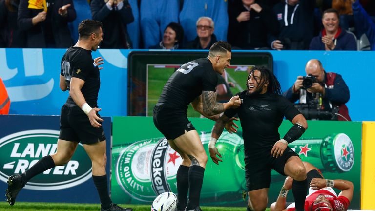 Centurion Ma'a Nonu (right) is congratulated by Sonny Bill Williams after scoring New Zealand's seventh try