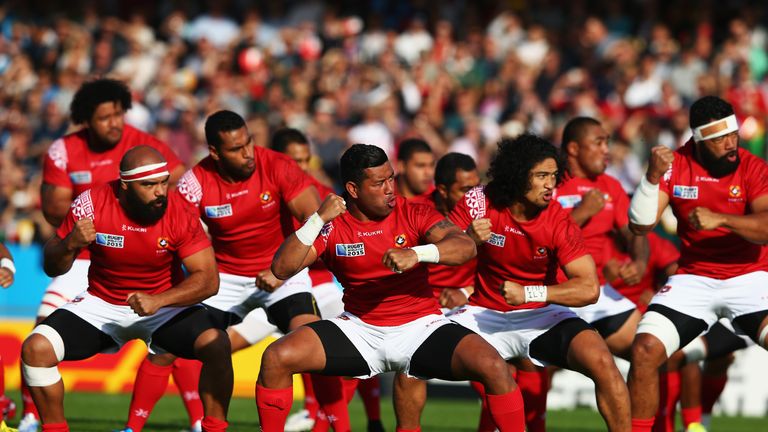 The Tongan team perform the Sipi Tau before their Pool C match against Namibia.
