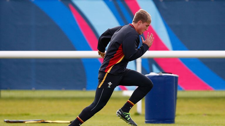 Tyler Morgan in action during a Wales training session ahead of their World Cup quarter-final against South Africa