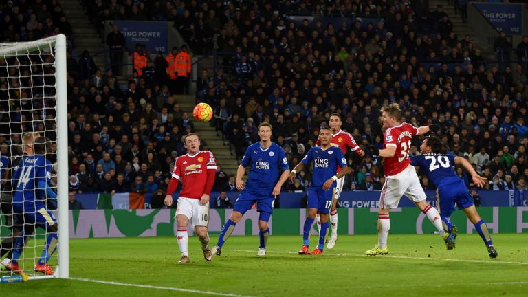 Bastian Schweinsteiger (second right) equalises for Manchester United in first-half injury time at Leicester