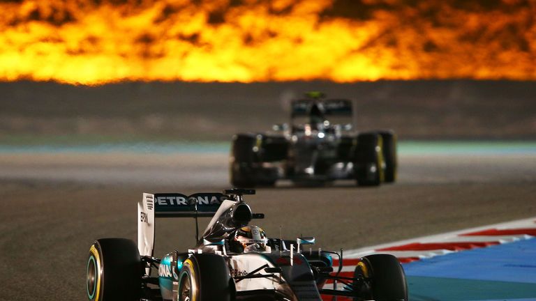 Lighting the way: Hamilton would three of the opening four races of 2015, including the Bahrain GP - Picture by Mark Thompson, Getty Images