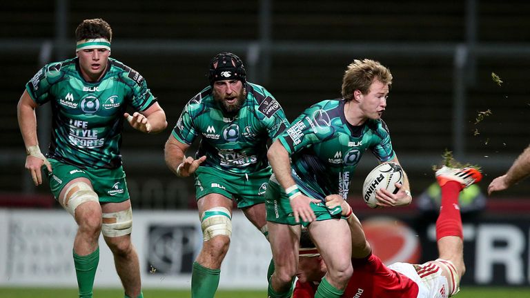 Munster's Robin Copeland tackles Connacht's Kieran Marmion 