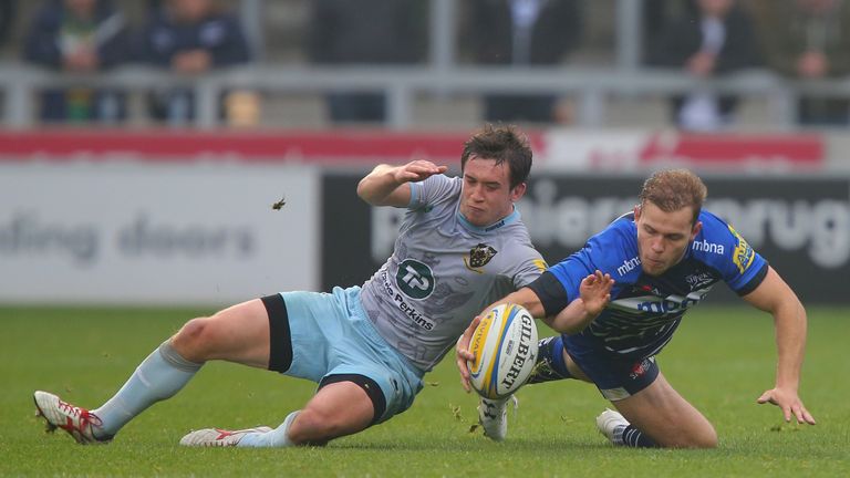 Try-scorer Will Addison (right) and Jamie Elliott compete for the ball