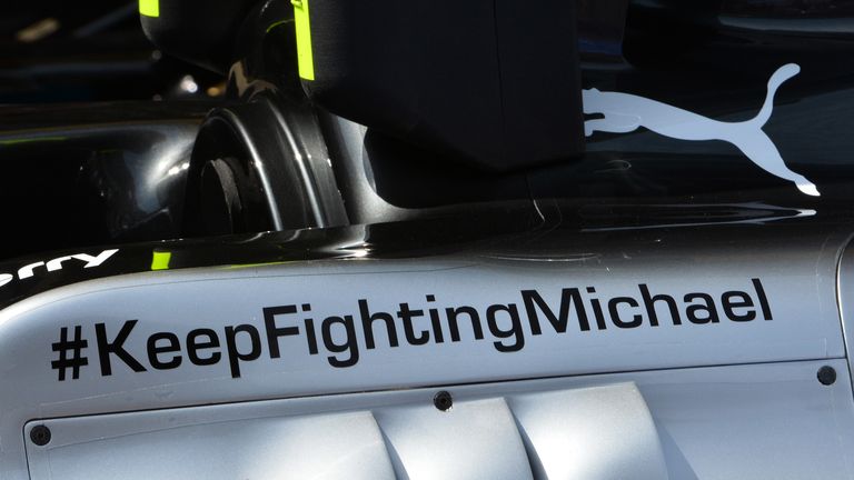 The #KeepFightingMichael message for the former world champion which Mercedes have carried on their cars since his accident. 