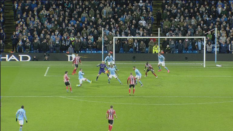 Man City's Fernandinho blocks a goalbound effort from Graziano Pelle of Southampton inside the penalty area