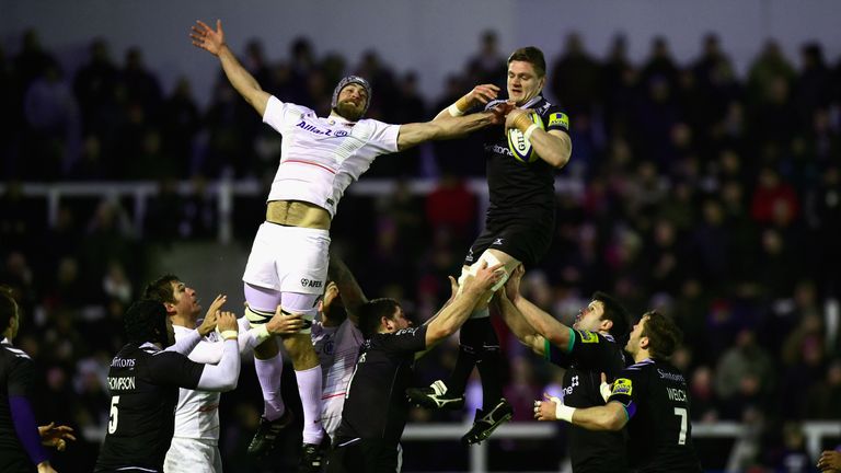 Falcons forward Calum Green beats  Alistair Hargreaves of  Saracens in a lineout during the Aviva Premiership