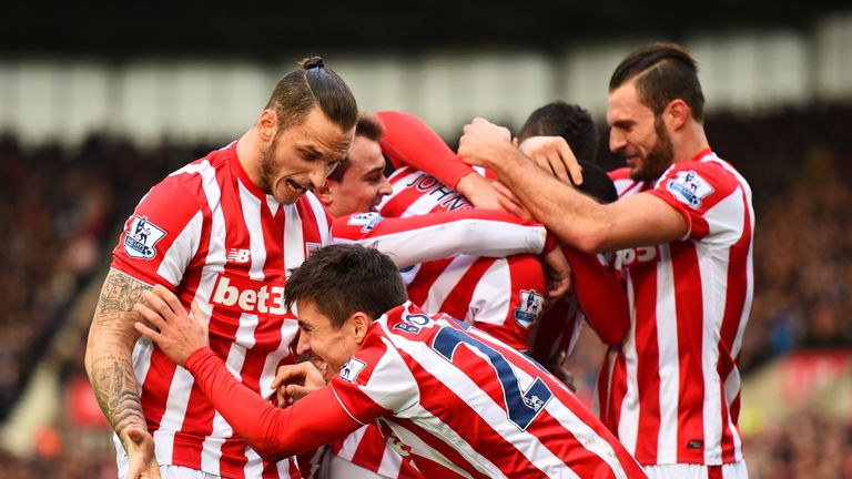 Bojan Krkic celebrates with team-mates after scoring the opening goal against Manchester United