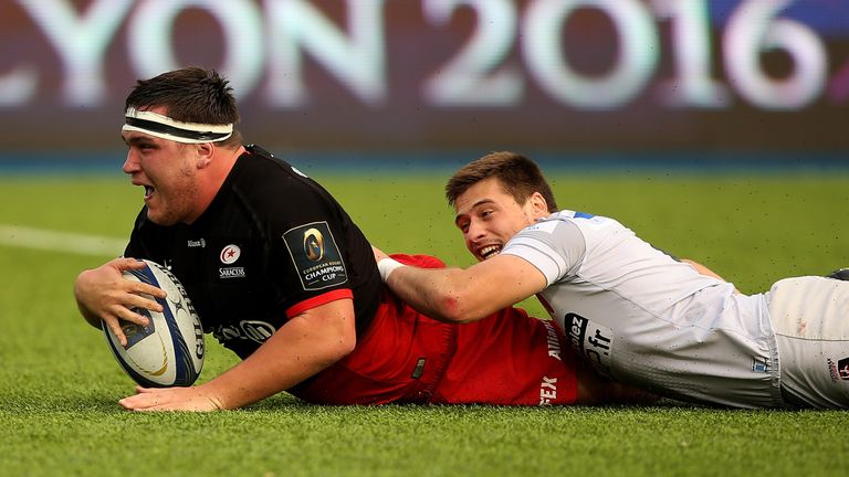 Jamie George celebrates his try