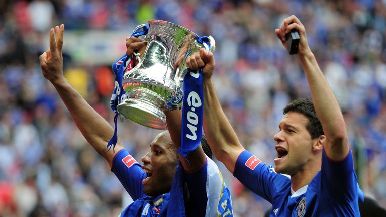 Michael Ballack celebrates winning the FA Cup with Chelsea team-mate Didier Drogba