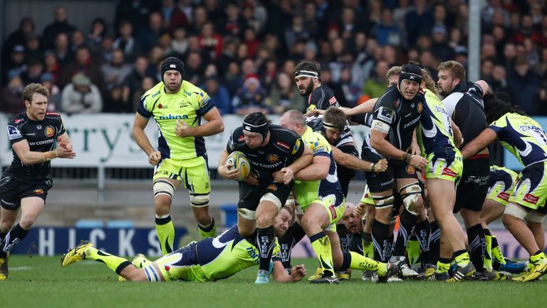 The victory sends Exeter Chiefs top of the Aviva Premiership, with Saracens facing a trip to Wasps on Sunday