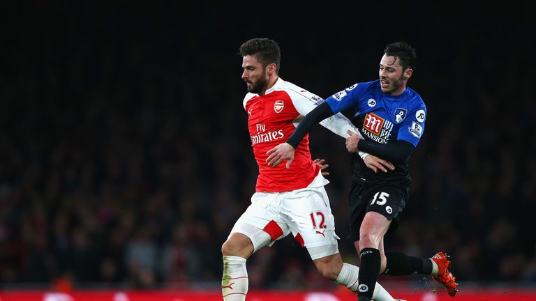 Olivier Giroud of Arsenal and Adam Smith of Bournemouth compete for the ball