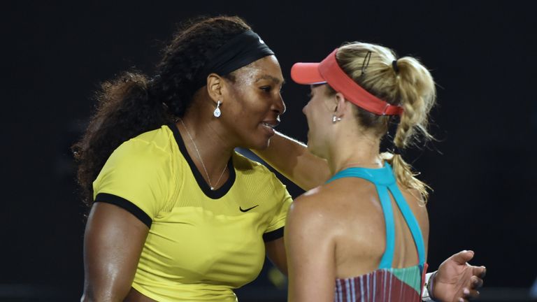 Angelique Kerber (R) embraces Serena Williams after her victory in the Australian Open final