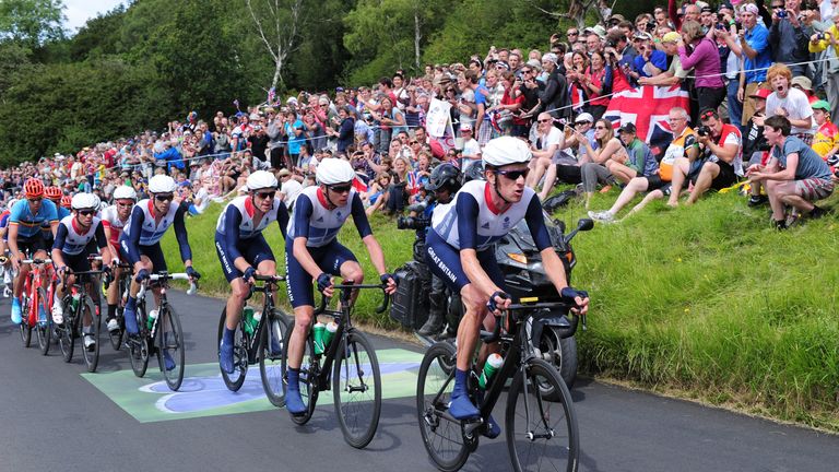 Sir Bradley Wiggins (right) and Chris Froome (second right) in action in the 2012 Olympic road race