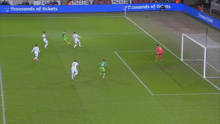 Jermain Defoe appears offside before scoring Sunderland's first goal at Swansea