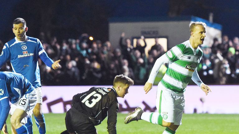 Leigh Griffiths starts his celebrations as Celtic go 3-0 ahead at Stranraer