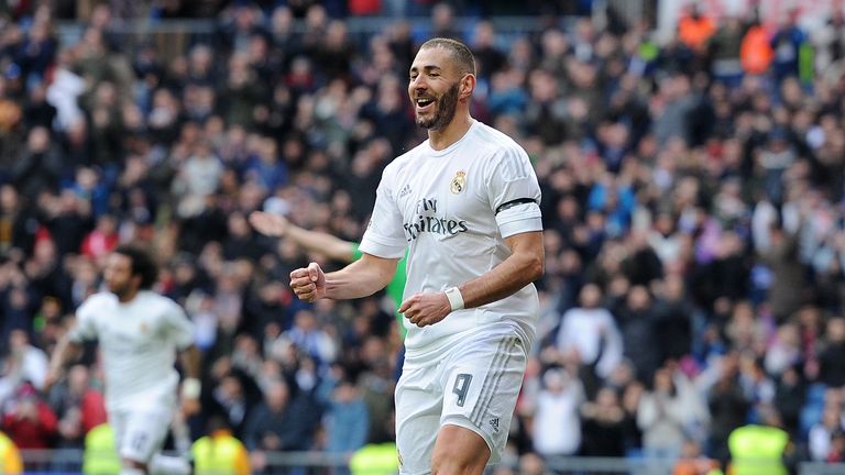 Karim Benzema celebrates after scoring against Sporting