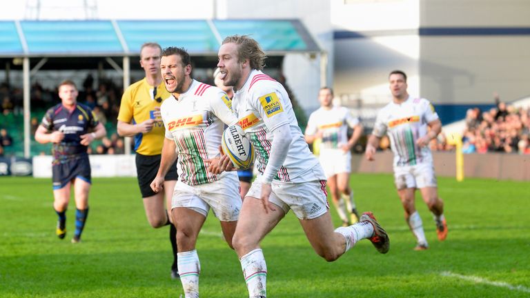 Charlie Walker runs in to score Harlequins' first try at Sixways