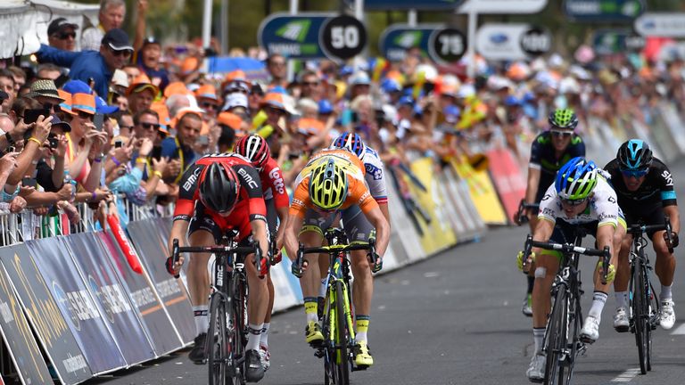 Simon Gerrans (right) sprinted to victory on stage three