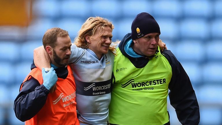 Tom Biggs of Worcester Warriors was carried off injured