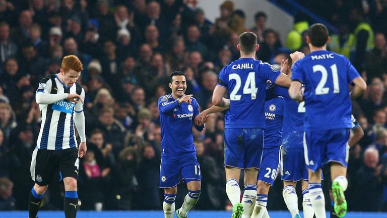 Pedro celebrates scoring Chelsea's fourth goal