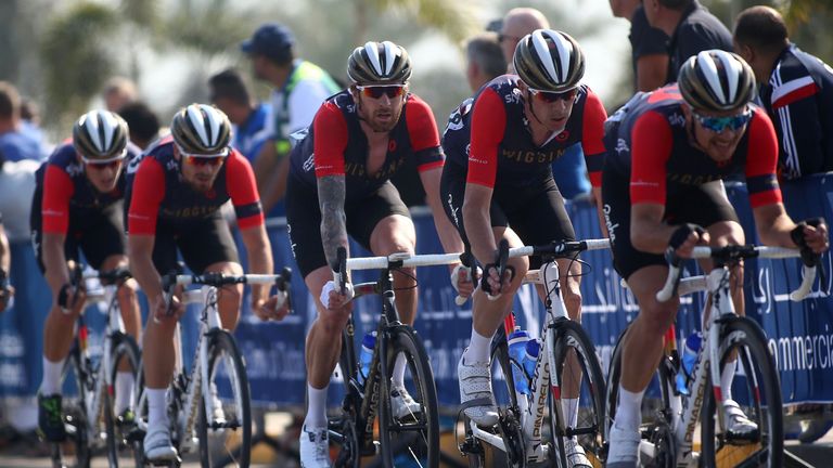 Sir Bradley Wiggins (centre) is riding at the Dubai Tour with Team Wiggins