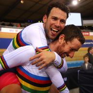 Sir Bradley Wiggins (right) and Mark Cavendish celebrate their world Madison title