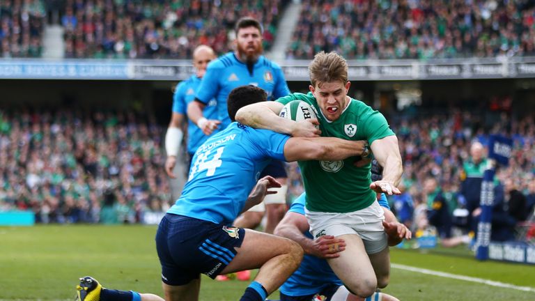 Andrew Trimble (right) scored Ireland's first try in Dublin