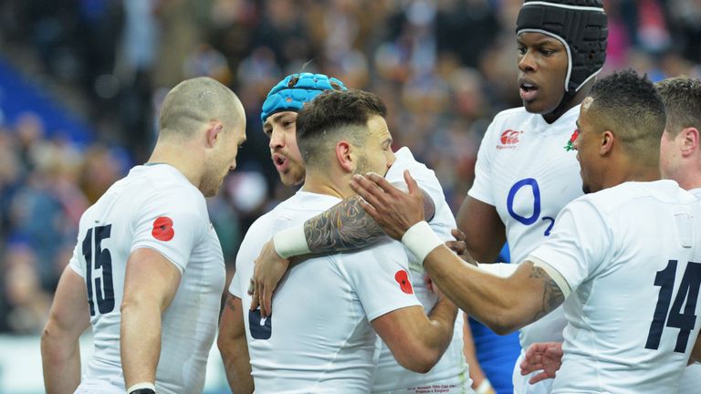 England celebrate Danny Care's first-half try