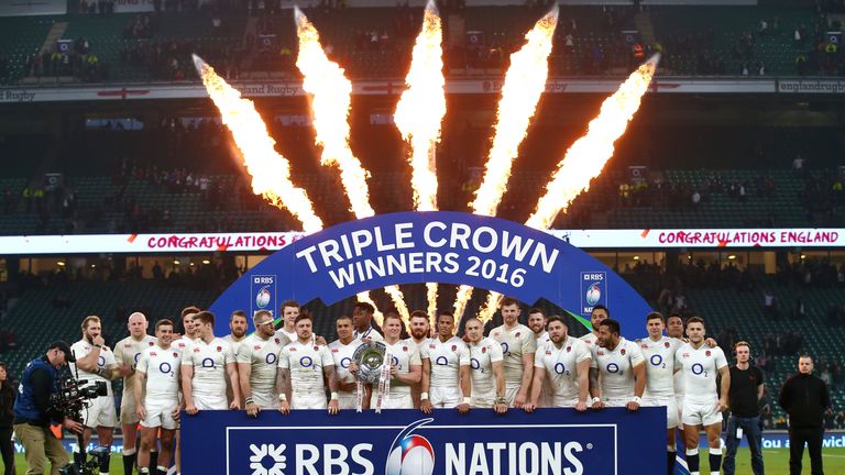 England celebrate their Triple Crown success on the Twickenham pitch