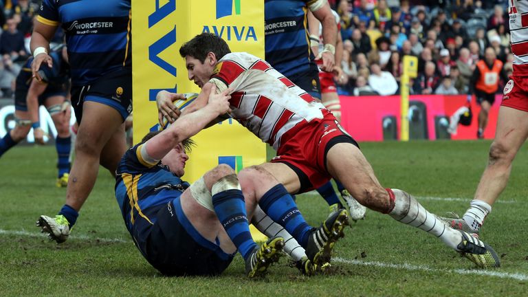 James Hook dives over Niall Annett to score for Gloucester but his points haul proved too little