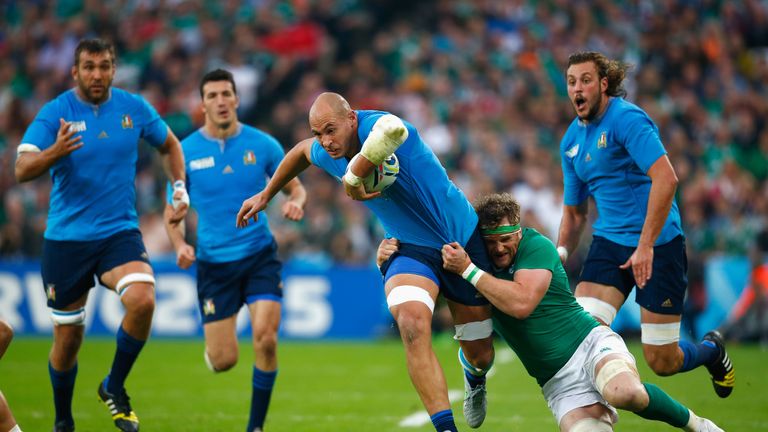 Jamie Heaslip tackles Sergio Parisse during Ireland's Rugby World Cup victory over Italy last October