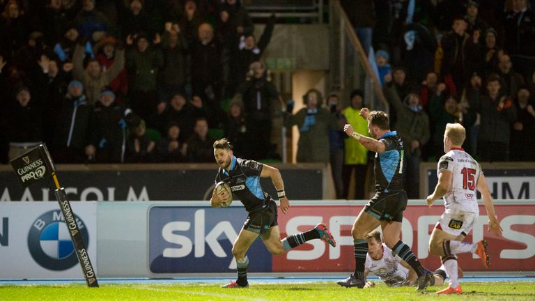 Tommy Seymour runs through to score a try against his former side