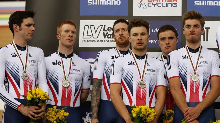 From left, Andy Tennant, Ed Clancy, Sir Bradley Wiggins, Owain Doull, Steven Burke and Jon Dibben on the team pursuit podium