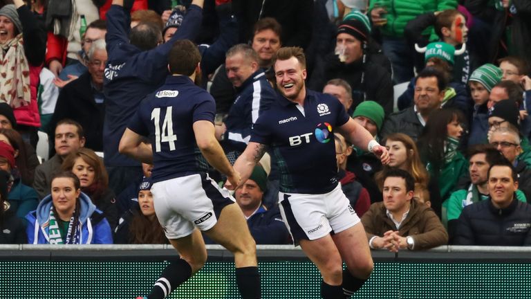 Stuart Hogg of Scotland is congratulated by Tommy Seymour after his brilliant  solo effort