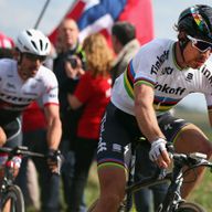 Peter Sagan (right) and Fabian Cancellara (left) were caught out by a split in the peloton with about 115km to go