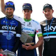 Mathew Hayman (middle) on the Paris-Roubaix podium with Tom Boonen (left) and Ian Stannard (right)