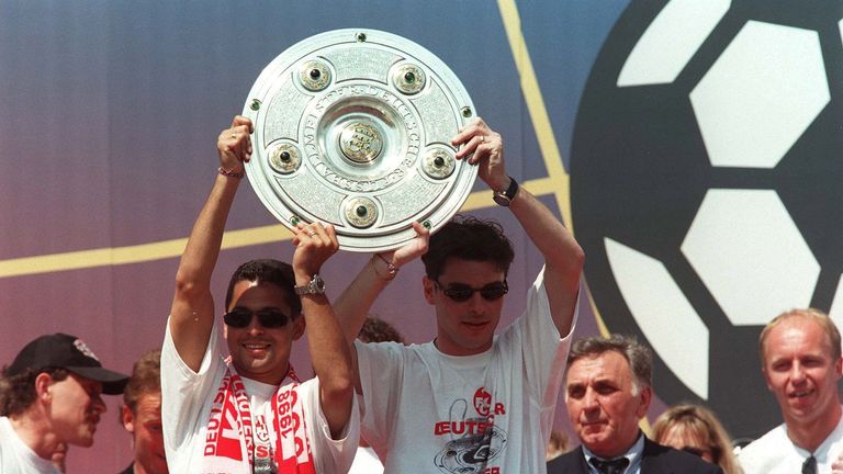 Ratinho (left) and Ciriaco Sforza celebrate with the 'Salad Bowl'