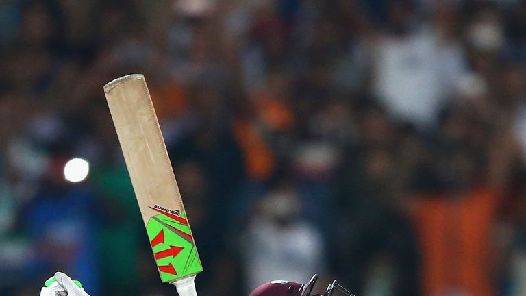 Carlos Brathwaite celebrates hitting the winning runs in the World T20 final against England